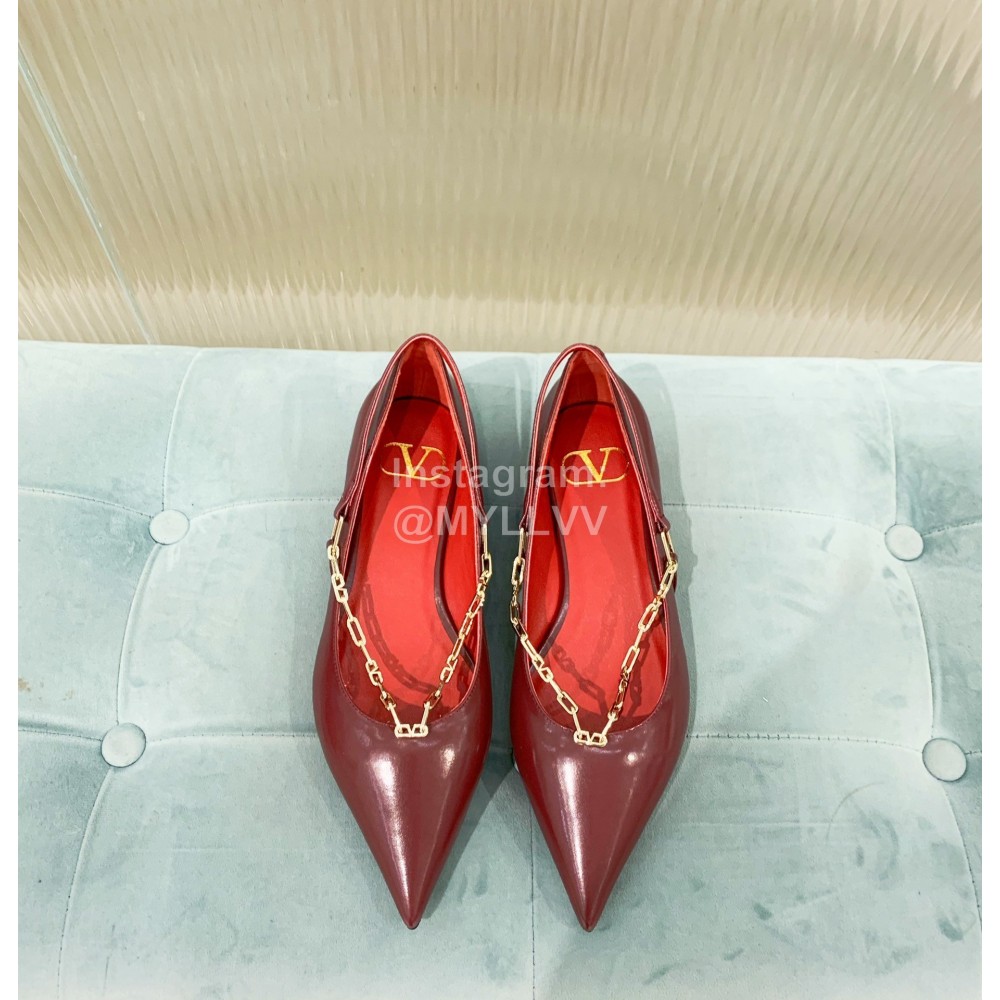 Valentino Fine Chain Pointed Leather Flat Shoes Wine Red