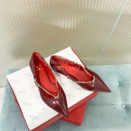 Valentino Fine Chain Pointed Leather Flat Shoes Wine Red