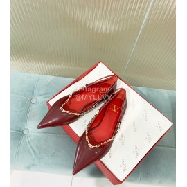 Valentino Fine Chain Pointed Leather Flat Shoes Wine Red