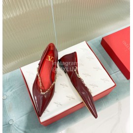 Valentino Fine Chain Pointed Leather Flat Shoes Wine Red