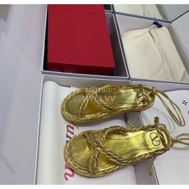 Valentino New Thick Soled Leather Woven Sandals For Women Gold