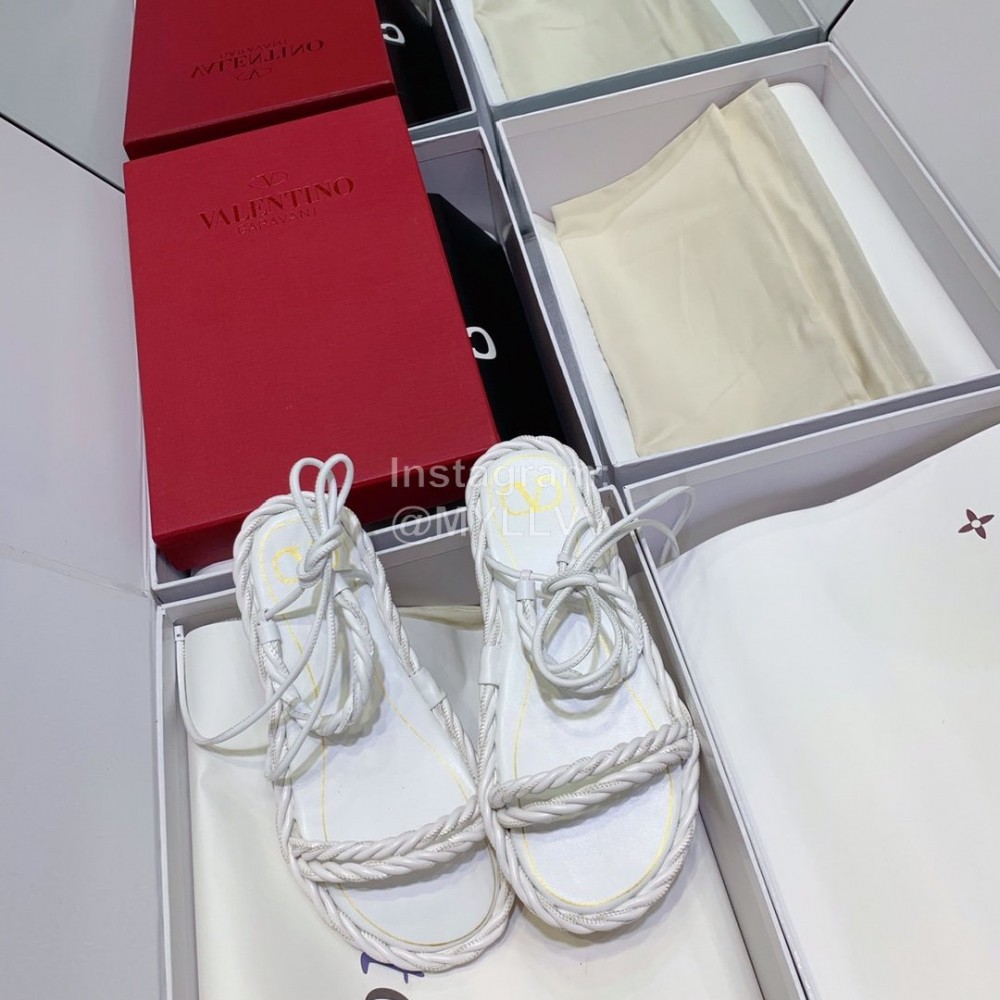 Valentino New Thick Soled White Leather Woven Sandals For Women
