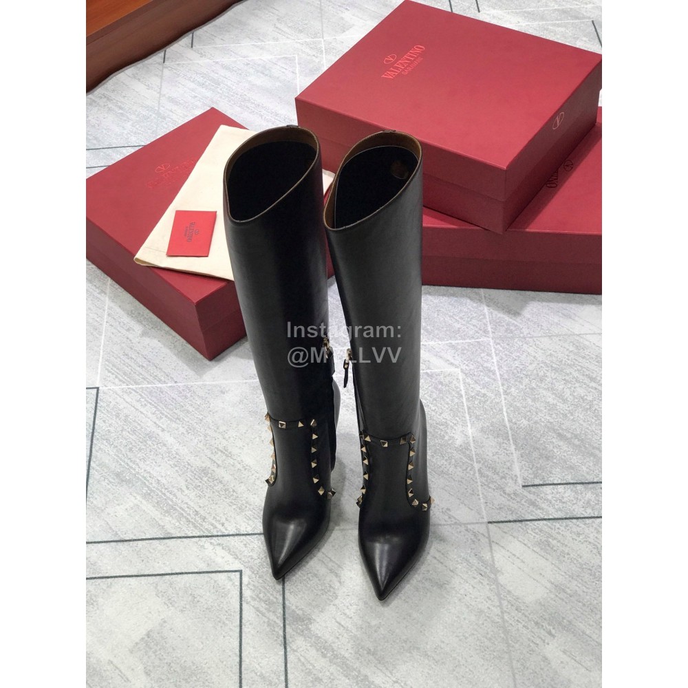 Valentino Calf Leather Pointed High Heel Long Boots Black