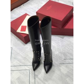 Valentino Calf Leather Pointed High Heel Long Boots Black
