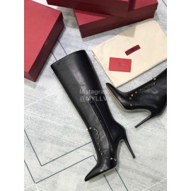 Valentino Calf Leather Pointed High Heel Long Boots Black