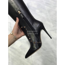 Valentino Calf Leather Pointed High Heel Long Boots Black