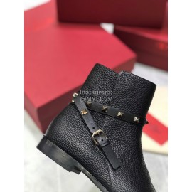 Valentino Fashion Rivet Black Leather Short Boots For Women