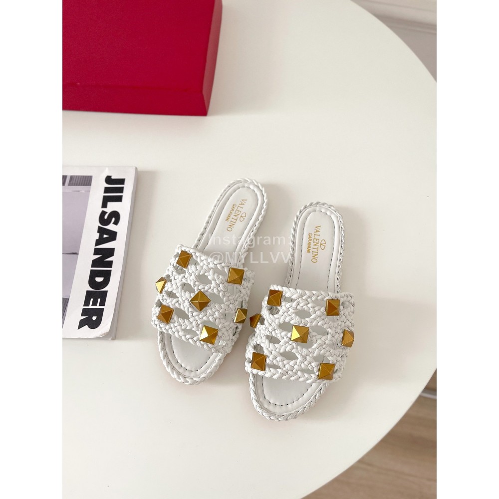 Valentino Roman Stud Leather Rivet Woven Slippers For Women White