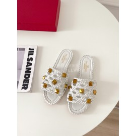 Valentino Roman Stud Leather Rivet Woven Slippers For Women White