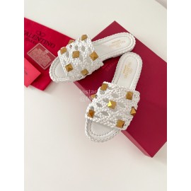 Valentino Roman Stud Leather Rivet Woven Slippers For Women White