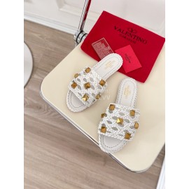 Valentino Roman Stud Leather Rivet Woven Slippers For Women White