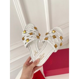 Valentino Roman Stud Leather Rivet Woven Slippers For Women White