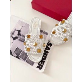 Valentino Roman Stud Leather Rivet Woven Slippers For Women White