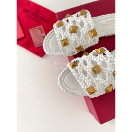 Valentino Roman Stud Leather Rivet Woven Slippers For Women White
