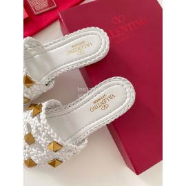 Valentino Roman Stud Leather Rivet Woven Slippers For Women White
