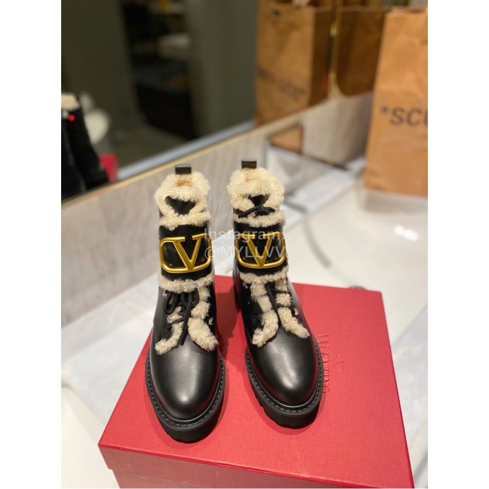 Valentino Fashion Wool Cowhide Lace Up Short Boots For Women Black