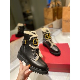 Valentino Fashion Wool Cowhide Lace Up Short Boots For Women Black