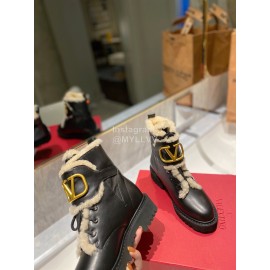 Valentino Fashion Wool Cowhide Lace Up Short Boots For Women Black
