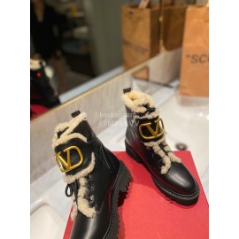 Valentino Fashion Wool Cowhide Lace Up Short Boots For Women Black