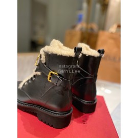 Valentino Fashion Wool Cowhide Lace Up Short Boots For Women Black