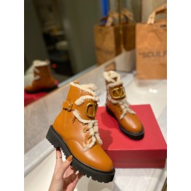Valentino Fashion Wool Cowhide Lace Up Short Boots For Women Brown