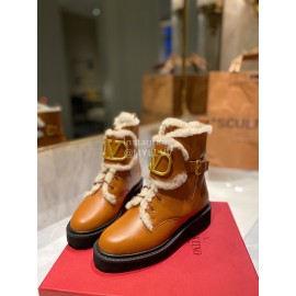 Valentino Fashion Wool Cowhide Lace Up Short Boots For Women Brown