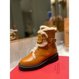 Valentino Fashion Wool Cowhide Lace Up Short Boots For Women Brown
