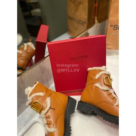 Valentino Fashion Wool Cowhide Lace Up Short Boots For Women Brown