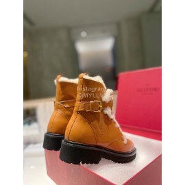 Valentino Fashion Wool Cowhide Lace Up Short Boots For Women Brown