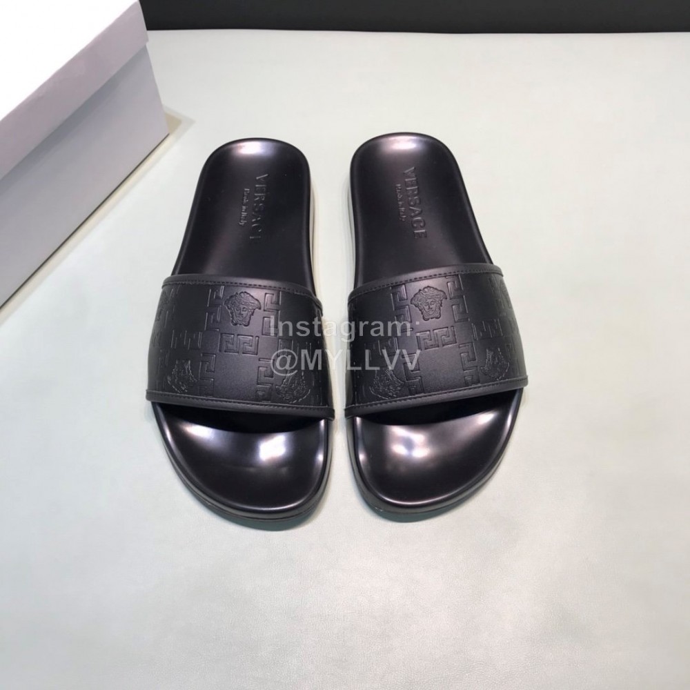 Versace Cowhide Embossed Slippers For Men And Women Black