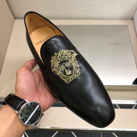 Versace Black Embroidered Cowhide Casual Loafers For Men