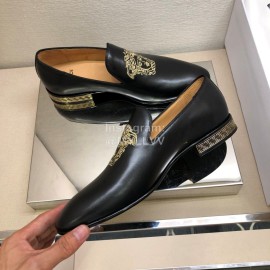 Versace Black Embroidered Cowhide Casual Loafers For Men