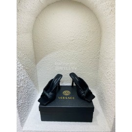 Versace Summer Cross Woven Leather High Heeled Slippers For Women Black