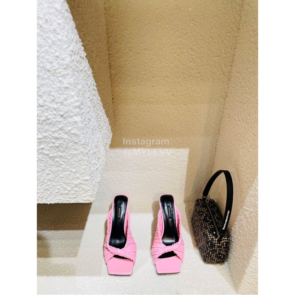 Versace Summer Cross Woven Leather High Heeled Slippers For Women Pink