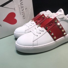 Valentino Leather Rivet Sneakers For Men And Women Red