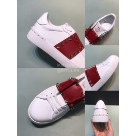 Valentino Leather Rivet Sneakers For Men And Women Red