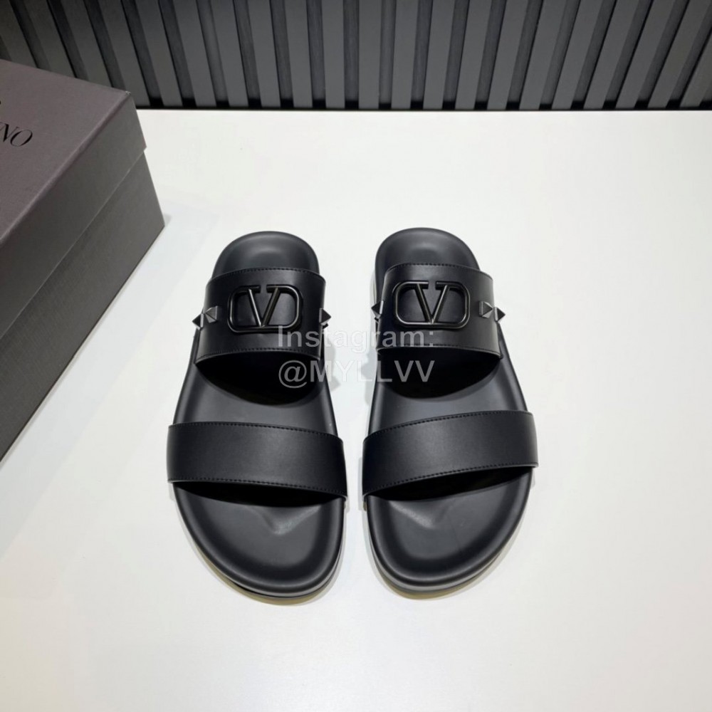 Valentino Black Calf Leather Rivet Slippers For Men