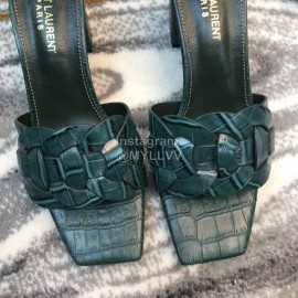 Ysl Fashion Leather High Heel Slippers For Women Green