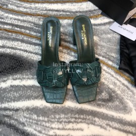 Ysl Fashion Leather High Heel Slippers For Women Green