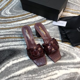 Ysl Fashion Leather High Heel Slippers For Women Purplish Red