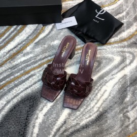 Ysl Fashion Leather High Heel Slippers For Women Purplish Red