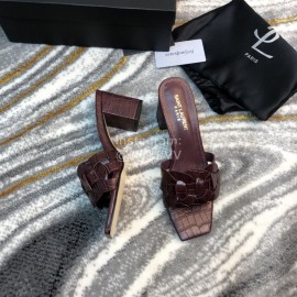 Ysl Fashion Leather High Heel Slippers For Women Purplish Red