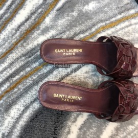 Ysl Fashion Leather High Heel Slippers For Women Purplish Red