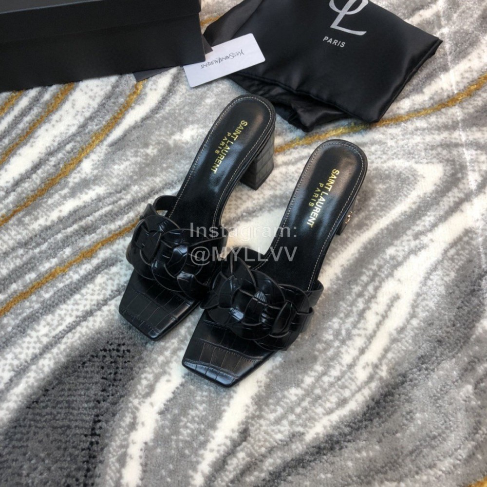 Ysl Fashion Leather High Heel Slippers For Women Black