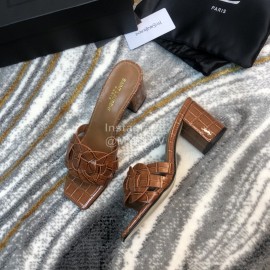 Ysl Fashion Leather High Heel Slippers For Women Brown