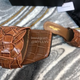 Ysl Fashion Leather High Heel Slippers For Women Brown