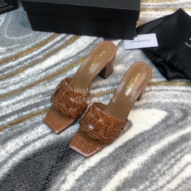 Ysl Fashion Leather High Heel Slippers For Women Brown