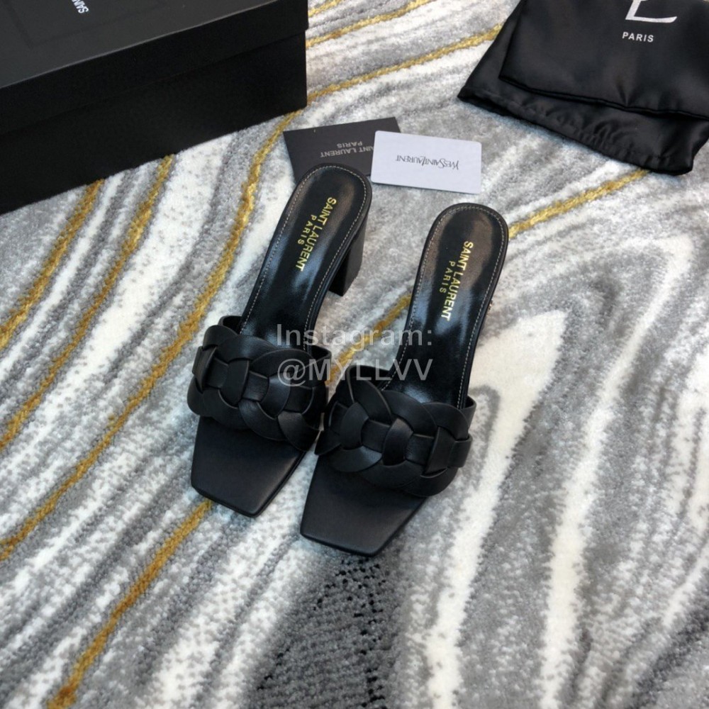 Ysl Fashion Black Sheepskin High Heel Slippers For Women