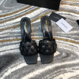 Ysl Fashion Black Sheepskin High Heel Slippers For Women