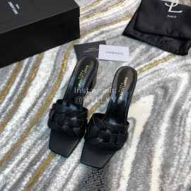 Ysl Fashion Black Sheepskin High Heel Slippers For Women